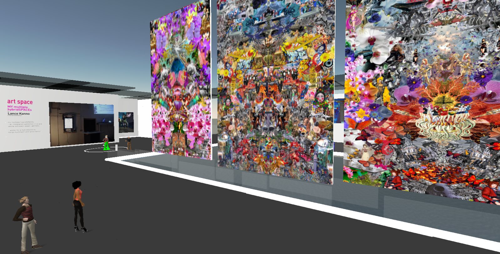The colourful collage wall seen from the side, avatars in front
