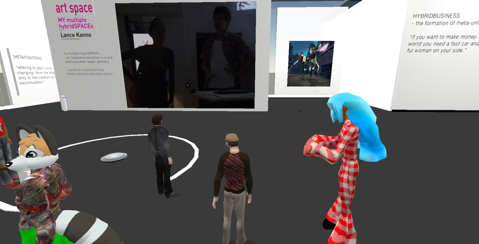 Lance Kanno, the RGB-racoon avatar, with guests in the gallery