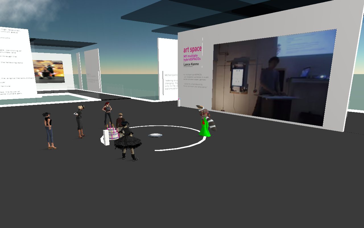 Wide view of the gallery space with avatars and works