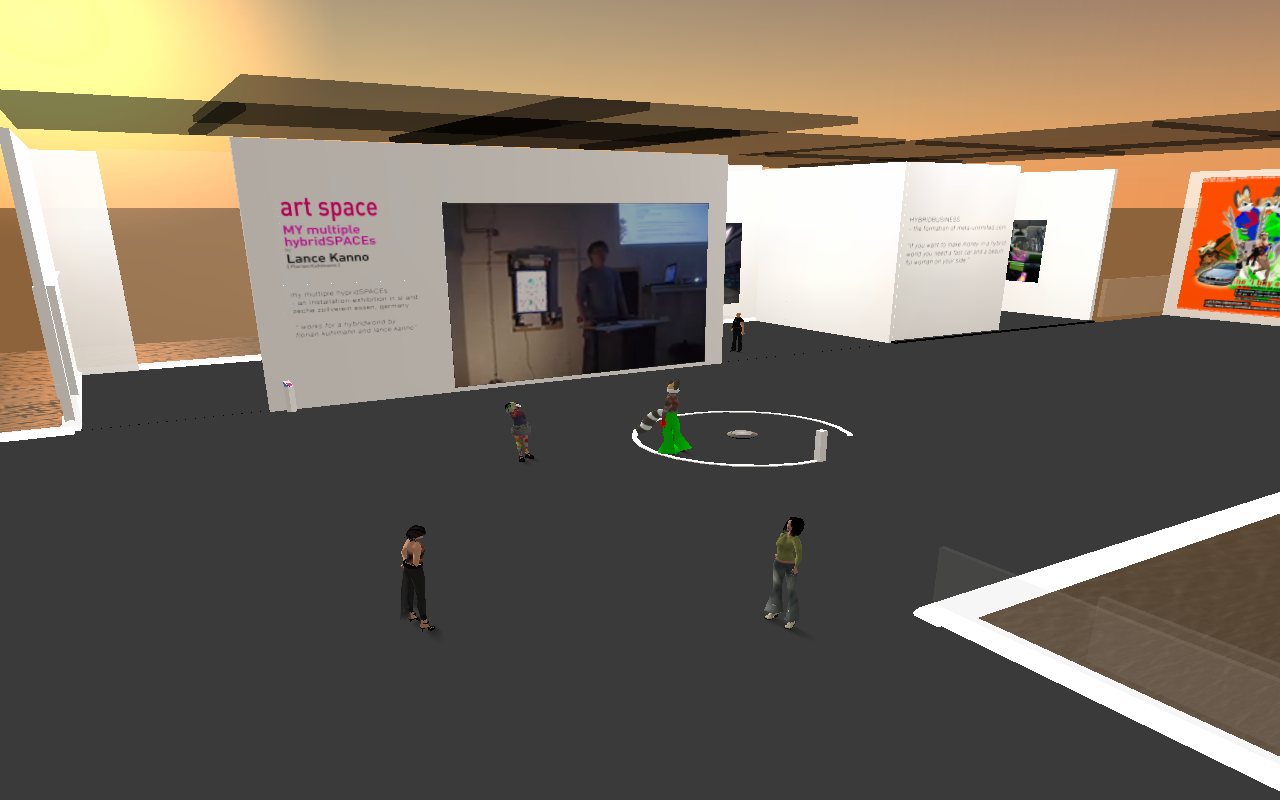 The gallery at dusk, avatars in the space