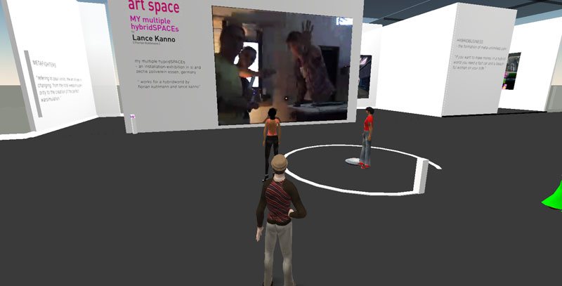 In-world title panel: 'art space — MY multiple hybridSPACEs — Lance Kanno', avatars in the gallery in Second Life