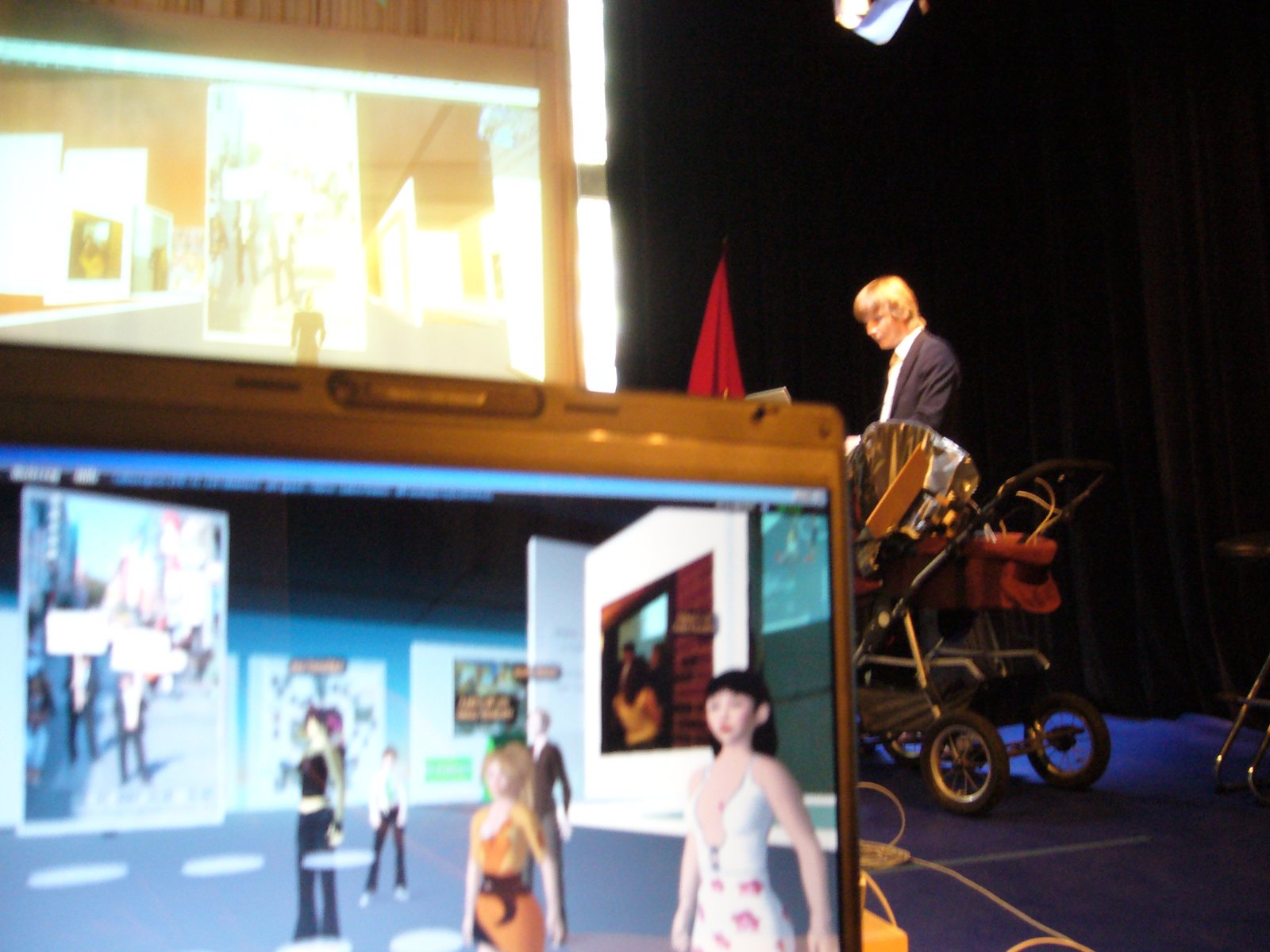 The Second Life projection showing avatars and works