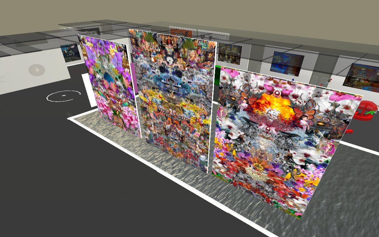 The colourful collage walls in the exhibition