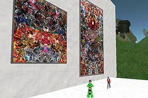 Two large collages on a white wall in Second Life, avatars in front