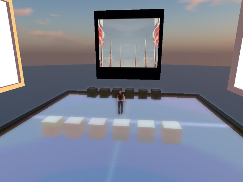 A Second Life platform floating in the sky, framed panels and pedestals, an avatar