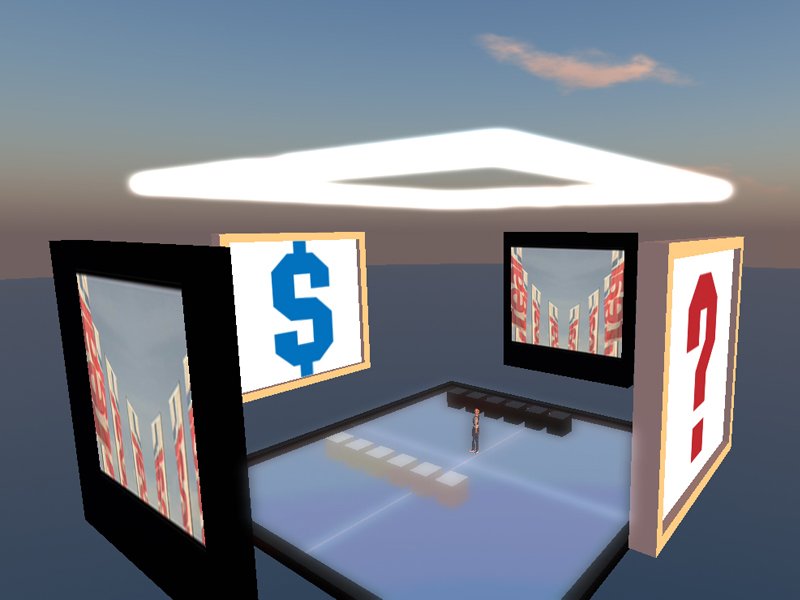 Inside the pavilion: a blue dollar panel and a red question-mark panel