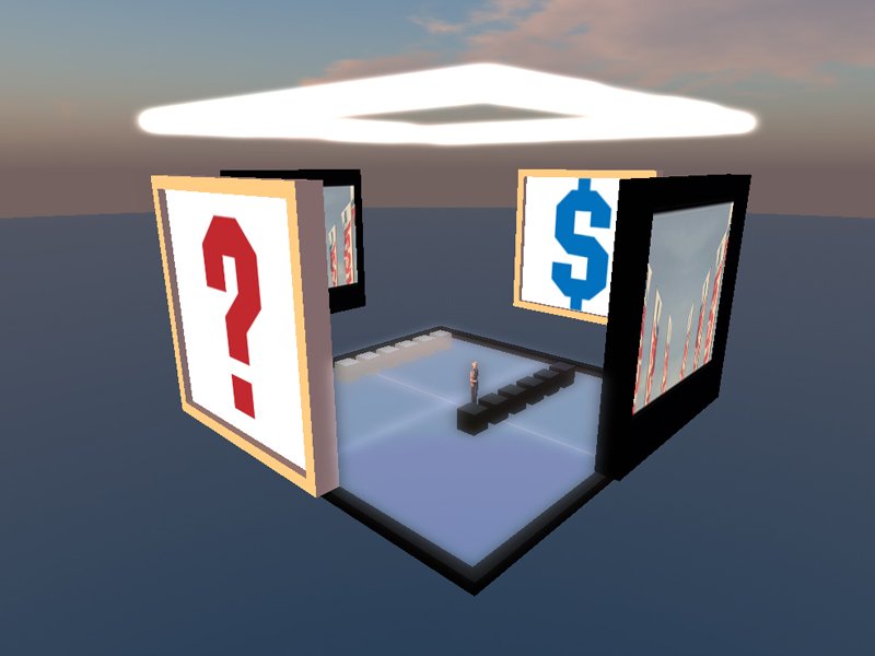 The dollar and question-mark panels seen close, over the mirrored floor