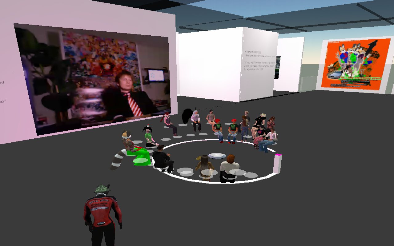 Avatars seated in a circle for the artist talk in the gallery